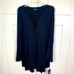 NWT MICHAEL LAUREN S Ribbed Lace Up Bell Sleeve Mini Dress Black witchy mystic